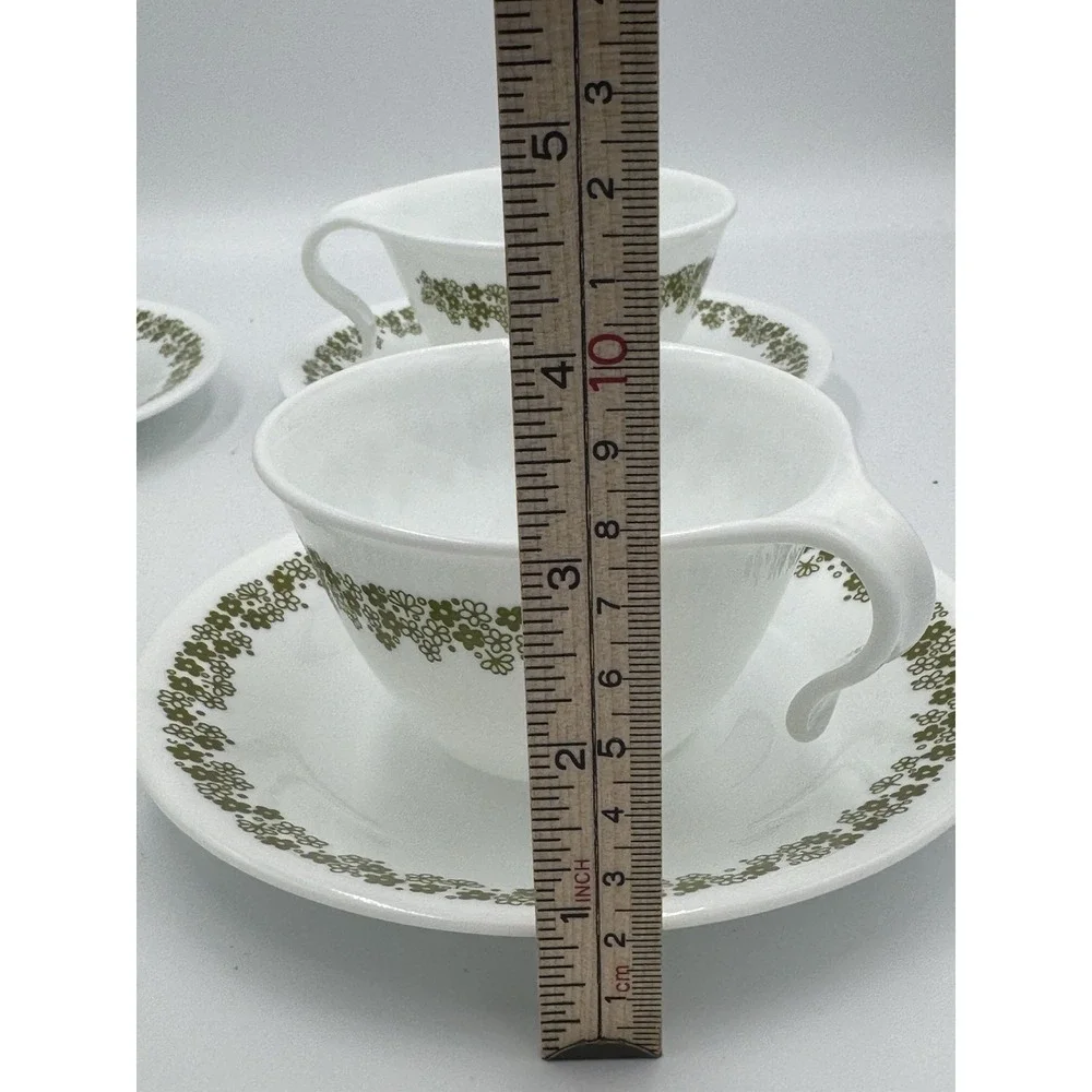4 Corelle Corning Green Spring Blossom Crazy Daisy Hook Handle Cups and Saucers